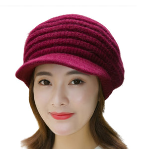 Women's solid visor  Warm fleece lined cable  Hats rabbit fur Snow Ski Caps