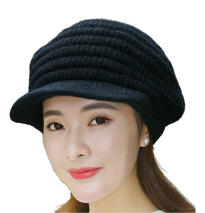 Women's solid visor  Warm fleece lined cable  Hats rabbit fur Snow Ski Caps