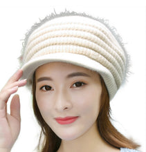 Load image into Gallery viewer, Women&#39;s solid visor  Warm fleece lined cable  Hats rabbit fur Snow Ski Caps
