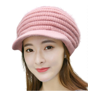 Women's solid visor  Warm fleece lined cable  Hats rabbit fur Snow Ski Caps