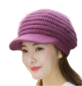 Women's solid visor  Warm fleece lined cable  Hats rabbit fur Snow Ski Caps