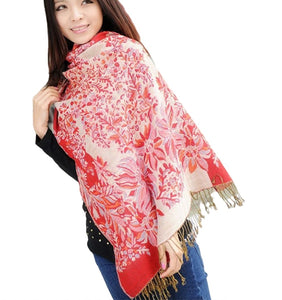 Women's warm double layer  pashmina floral pattern Shawl Wrap Scarf stole  w/Fringe