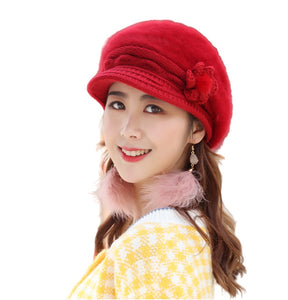 Women's solid visor  Warm fleece floral  Hats rabbit fur Snow Ski Caps