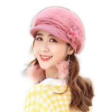 Load image into Gallery viewer, Women&#39;s solid visor  Warm fleece floral  Hats rabbit fur Snow Ski Caps
