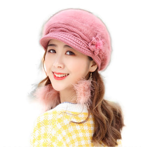 Women's solid visor  Warm fleece floral  Hats rabbit fur Snow Ski Caps