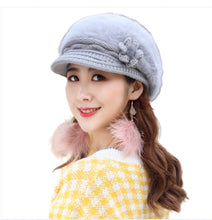 Load image into Gallery viewer, Women&#39;s solid visor  Warm fleece floral  Hats rabbit fur Snow Ski Caps
