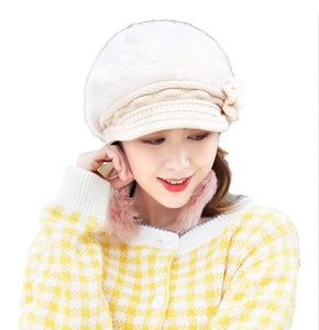 Women's solid visor  Warm fleece floral  Hats rabbit fur Snow Ski Caps