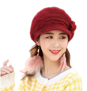 Women's solid visor  Warm fleece floral  Hats rabbit fur Snow Ski Caps