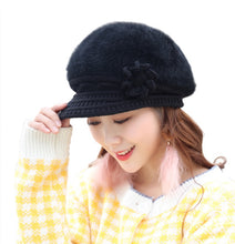 Load image into Gallery viewer, Women&#39;s solid visor  Warm fleece floral  Hats rabbit fur Snow Ski Caps
