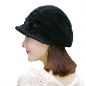 Winter's elegant solid  fuzzy fleece warm Knitted bucket hats Rabbits fur hats,