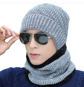 Men‘s 2PCS  Winter solid Beanie Hat + Scarf Set Warm Fleece Lined Ski Cap