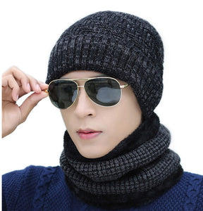 Men‘s 2PCS  Winter solid Beanie Hat + Scarf Set Warm Fleece Lined Ski Cap