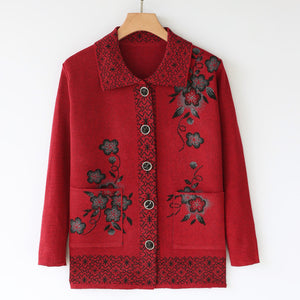 Women‘s  lapel open front floral cardigan knitted casual loose fit sweater coat