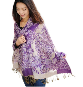 Women's warm double layer  pashmina floral pattern Shawl Wrap Scarf stole  w/Fringe