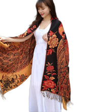 Load image into Gallery viewer, Women&#39;s warm double layer  pashmina peacock  pattern Shawl Wrap Scarf stole  w/Fringe &amp; w/gold line
