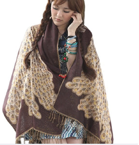 Women's warm double layer  pashmina peacock  pattern Shawl Wrap Scarf stole  w/Fringe