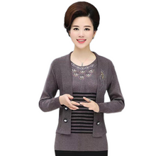 Load image into Gallery viewer, Women&#39;s Long Sleeve crewneck Fake Two Pieces shiny embroidery  knitted casual slim sweater
