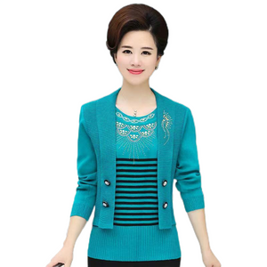 Women's Long Sleeve crewneck Fake Two Pieces shiny embroidery  knitted casual slim sweater