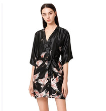 Load image into Gallery viewer, Women‘s V-neck  short Kimono Satin Dressing Gown Crane and Blossoms Sleep Lounge Nightwear  Bride Bridesmaid Robe
