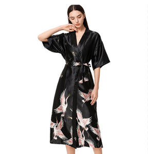 Women long  crane Satin kimono Blossoms Nightwear  Bride Bridesmaid Robe