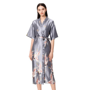 Women long  crane Satin kimono Blossoms Nightwear  Bride Bridesmaid Robe