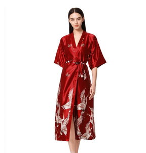 Women long  crane Satin kimono Blossoms Nightwear  Bride Bridesmaid Robe