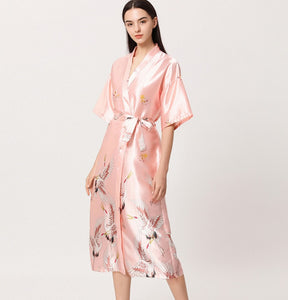 Women long  crane Satin kimono Blossoms Nightwear  Bride Bridesmaid Robe