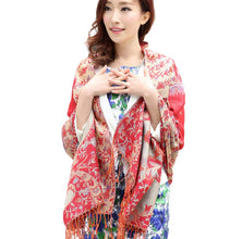 Load image into Gallery viewer, Women&#39;s warm double layer  pashmina floral pattern Shawl Wrap Scarf stole  w/Fringe
