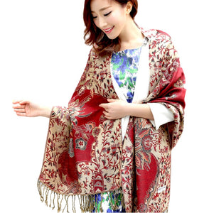 Women's warm double layer  pashmina floral pattern Shawl Wrap Scarf stole  w/Fringe