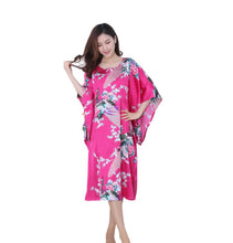 Load image into Gallery viewer, Women&#39;s  Satin Tunic Plus Size crewneck batwing sleeve loose fit Dress  Peacock and Blossoms Printed Kimono Nightgown
