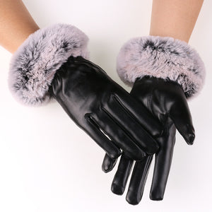 Women's Elegant Warm  Touch Screen  faux fur & Leather Gloves