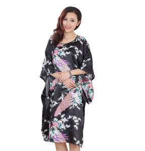 Women's  Satin Tunic Plus Size crewneck batwing sleeve loose fit Dress  Peacock and Blossoms Printed Kimono Nightgown