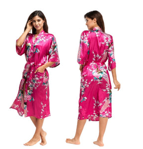 Women's Oversize Kimono Robe with Peacock and Blossoms Printed Kimono Nightgown