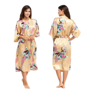 Women's Oversize Kimono Robe with Peacock and Blossoms Printed Kimono Nightgown