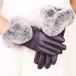 Women's Elegant Warm  Touch Screen  faux fur & leather(PU) Gloves