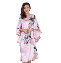 Load image into Gallery viewer, Women&#39;s  Satin Tunic Plus Size crewneck batwing sleeve loose fit Dress  Peacock and Blossoms Printed Kimono Nightgown
