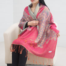 Load image into Gallery viewer, Women&#39;s warm double layer  pashmina peacock  pattern Shawl Wrap Scarf stole  w/Fringe
