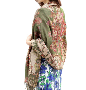 Women's warm double layer  pashmina floral pattern Shawl Wrap Scarf stole  w/Fringe