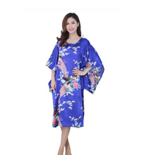 Load image into Gallery viewer, Women&#39;s  Satin Tunic Plus Size crewneck batwing sleeve loose fit Dress  Peacock and Blossoms Printed Kimono Nightgown
