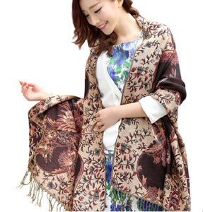 Women's warm double layer  pashmina floral pattern Shawl Wrap Scarf stole  w/Fringe