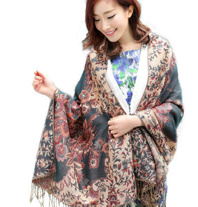 Women's warm double layer  pashmina floral pattern Shawl Wrap Scarf stole  w/Fringe