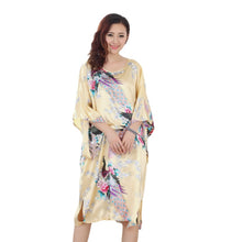 Load image into Gallery viewer, Women&#39;s  Satin Tunic Plus Size crewneck batwing sleeve loose fit Dress  Peacock and Blossoms Printed Kimono Nightgown
