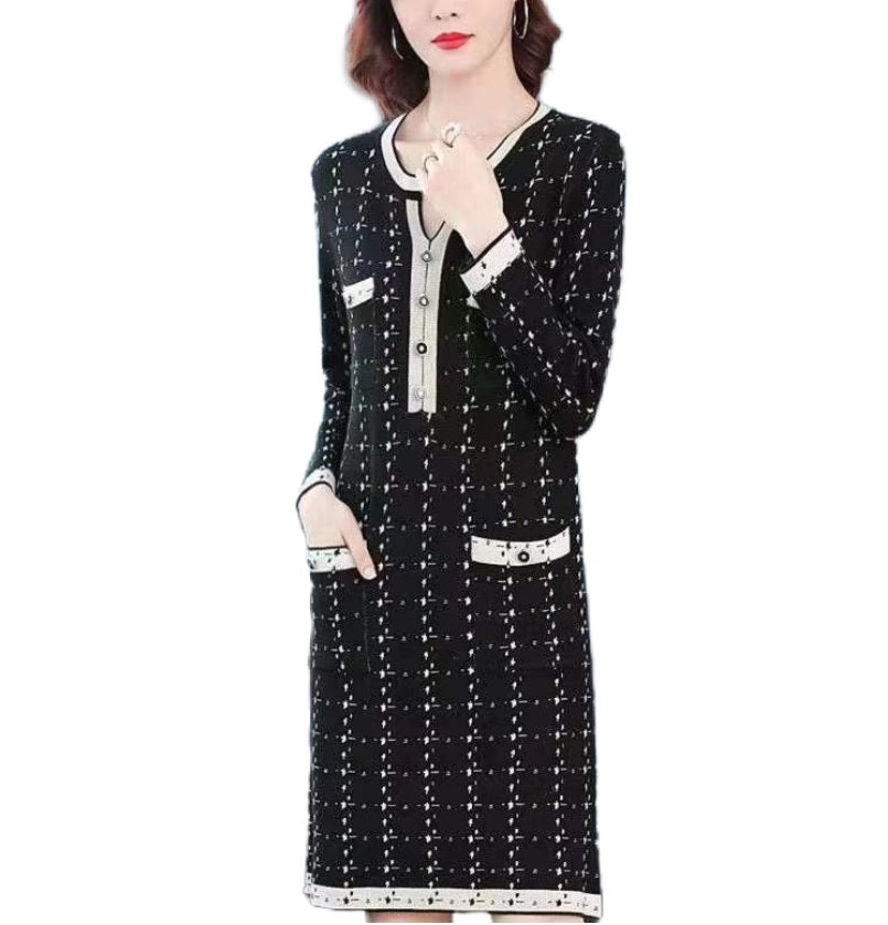 Women's Crew-v neck Long Sleeve  long Sweater  knitted plaid suit look dresses