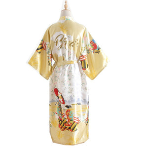 Women's  Robe with traditional painting of the figures of Japanese ladies Blossoms Printed Kimono Nightgown