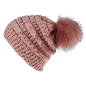 Bonnet tricoté femme couleurs unies Bonnets molleton Doublure bonnets avec pompon fourrure