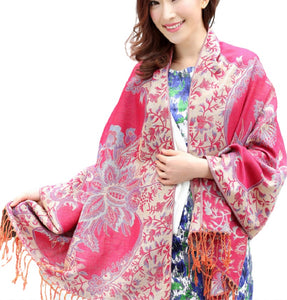 Women's warm double layer  pashmina floral pattern Shawl Wrap Scarf stole  w/Fringe