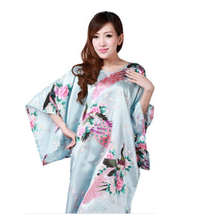 Women's  Satin Tunic Plus Size crewneck batwing sleeve loose fit Dress  Peacock and Blossoms Printed Kimono Nightgown