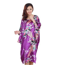 Load image into Gallery viewer, Women&#39;s  Satin Tunic Plus Size crewneck batwing sleeve loose fit Dress  Peacock and Blossoms Printed Kimono Nightgown
