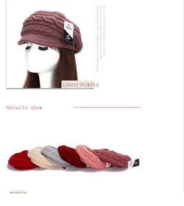 Women's winter solid visor chunky cable knit caps  warm ear protection fleece lined hat