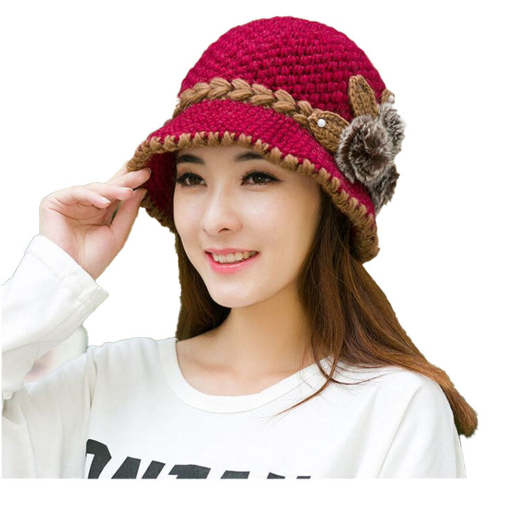 Women‘s warm  chunky cable Crocheted bucket hats solid fur floral  casual caps